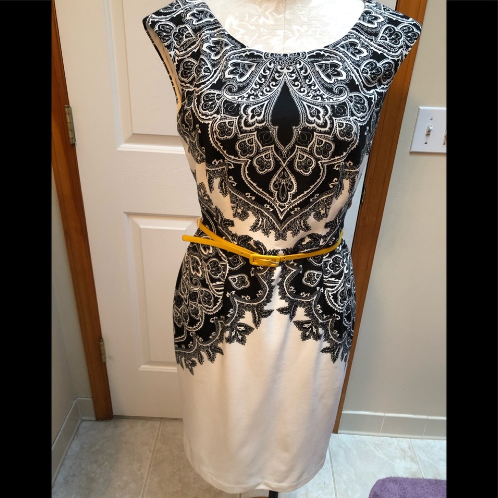 Black and white paisley dress with yellow belt